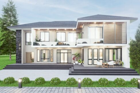 แบบบ้าน 2 ชั้น ทรงปั้นหยา Contemporary รับสร้างบ้านระยอง รหัส PB-055