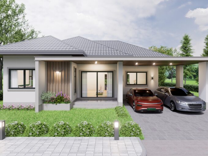 แบบบ้าน 1 ชั้น ทรงปั้นหยา Contemporary สไตล์ร่วมสมัย รับสร้างบ้านระยอง รหัส PB-069