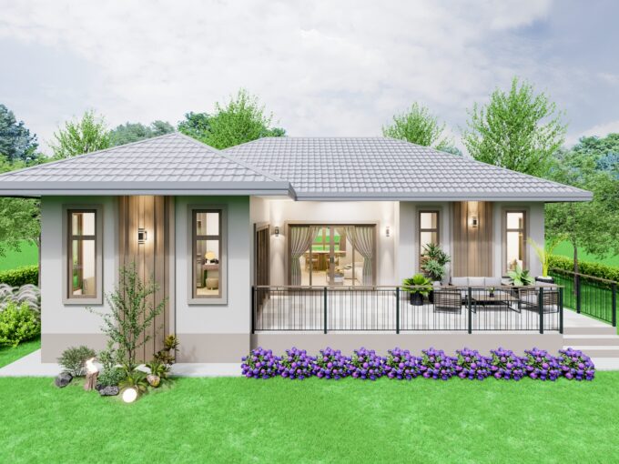 แบบบ้านชั้นเดียว ทรงปั้นหยา Contemporary รับสร้างบ้านระยอง รหัส PB-035