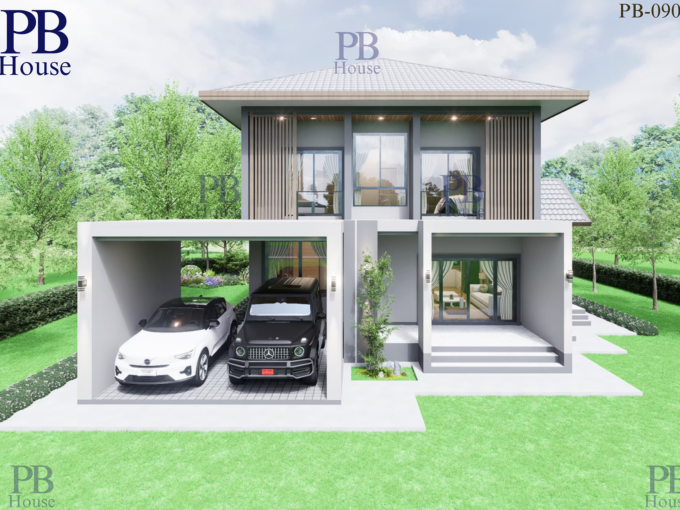 แบบบ้าน 2 ชั้น ทรงปั้นหยา รับสร้างบ้านระยอง รหัส PB-090